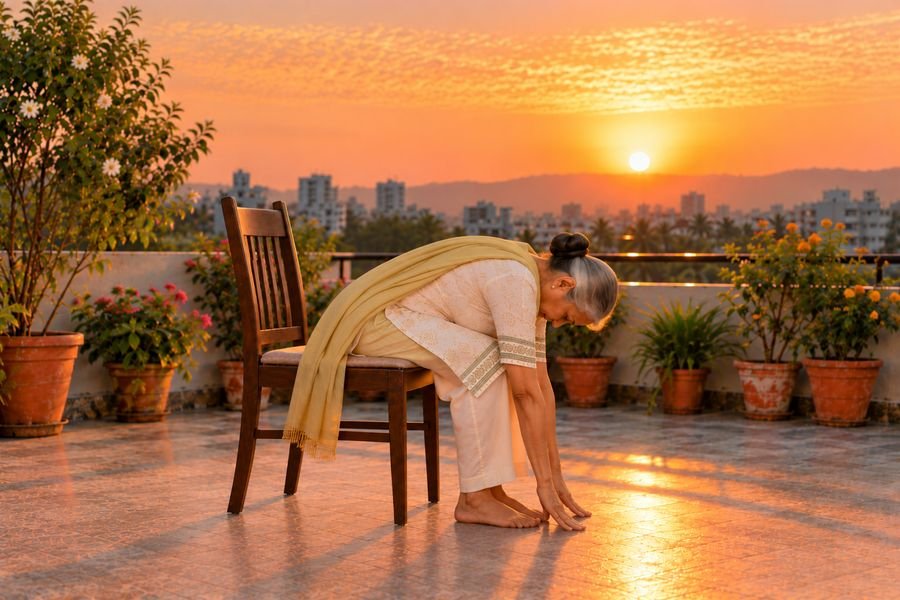Chair Surya Namaskar, 02: Forward bend
