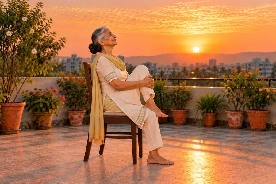 Chair Surya Namaskar, 03: Right knee to chest