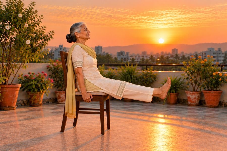 Chair Surya Namaskar, 05: Leg lift