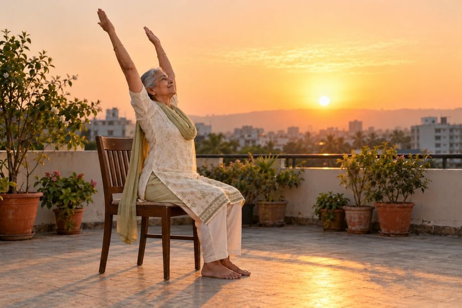 Chair Surya Namaskar, 06: Raised arms