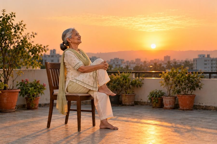 Chair Surya Namaskar, 08: Left knee to chest