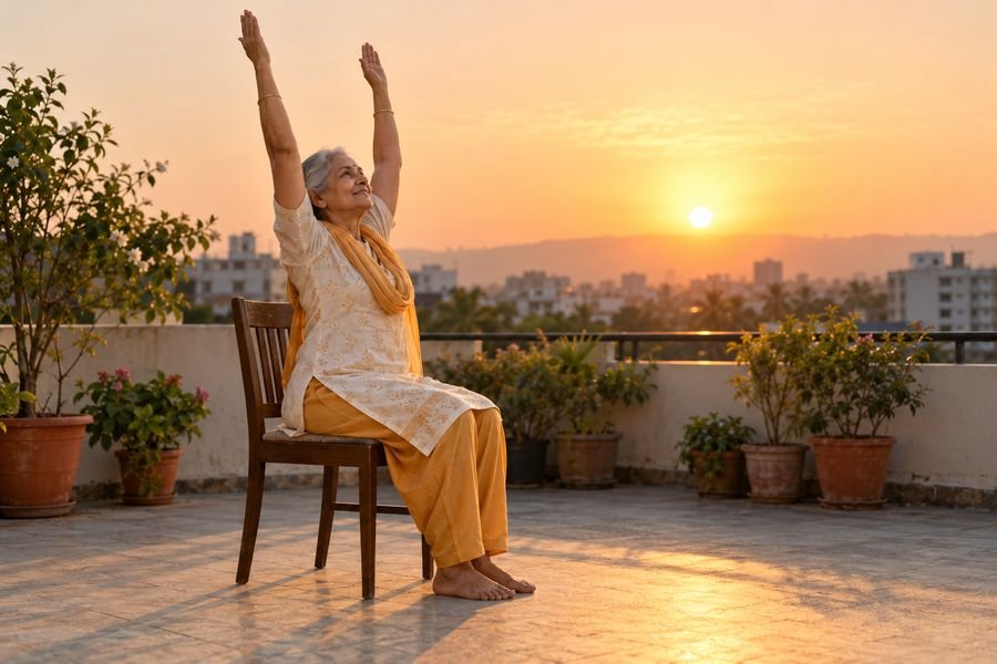 Chair Surya Namaskar, 10: Raised arms