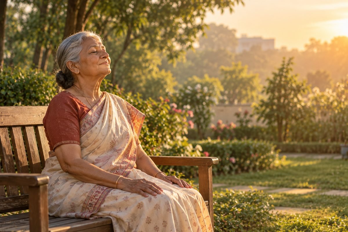 An older woman in a cotton saree sitting on a garden bench in the morning sun, eyes closed, breathing slowly