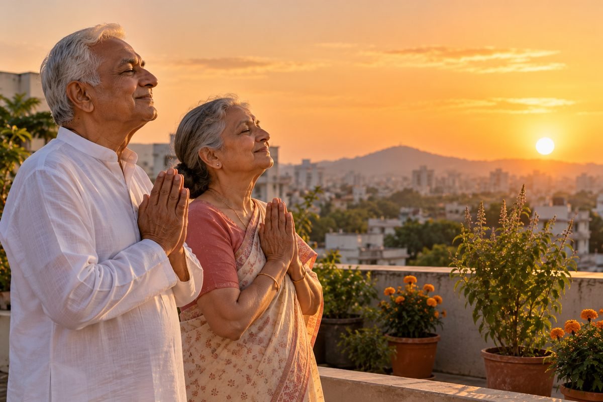 An older couple on a terrace at sunrise, palms joined, faces turned to the sun with calm smiles