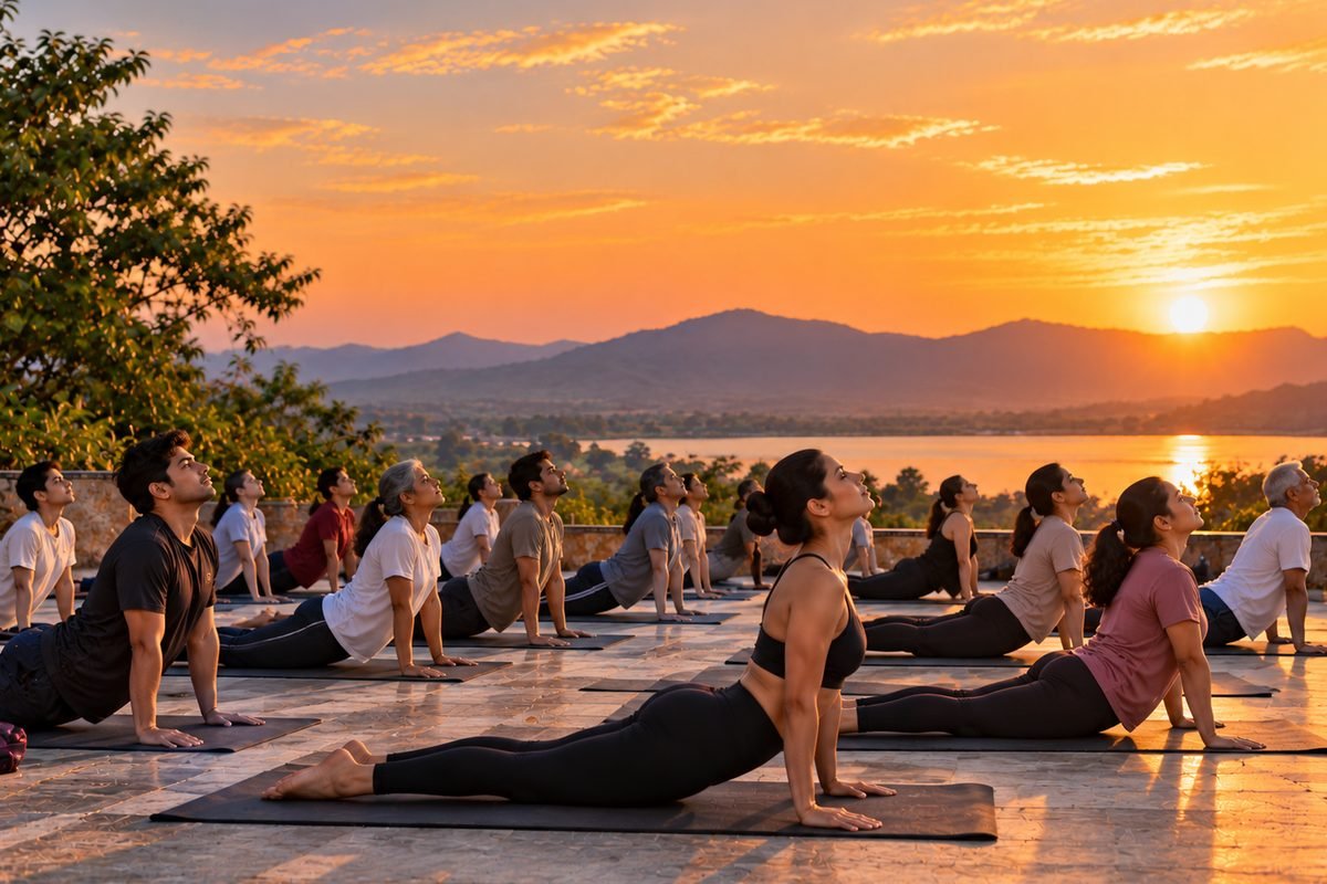People of all ages practising the cobra pose together on a terrace at sunrise
