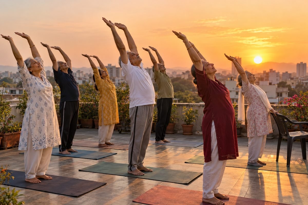 Senior citizens on a city terrace at sunrise, arms raised overhead in a gentle backward stretch