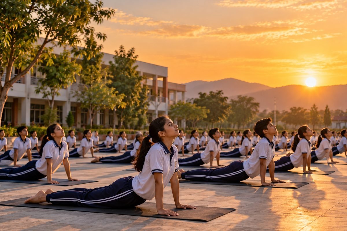 Students in school uniform practising the cobra pose on mats in their campus courtyard at sunrise